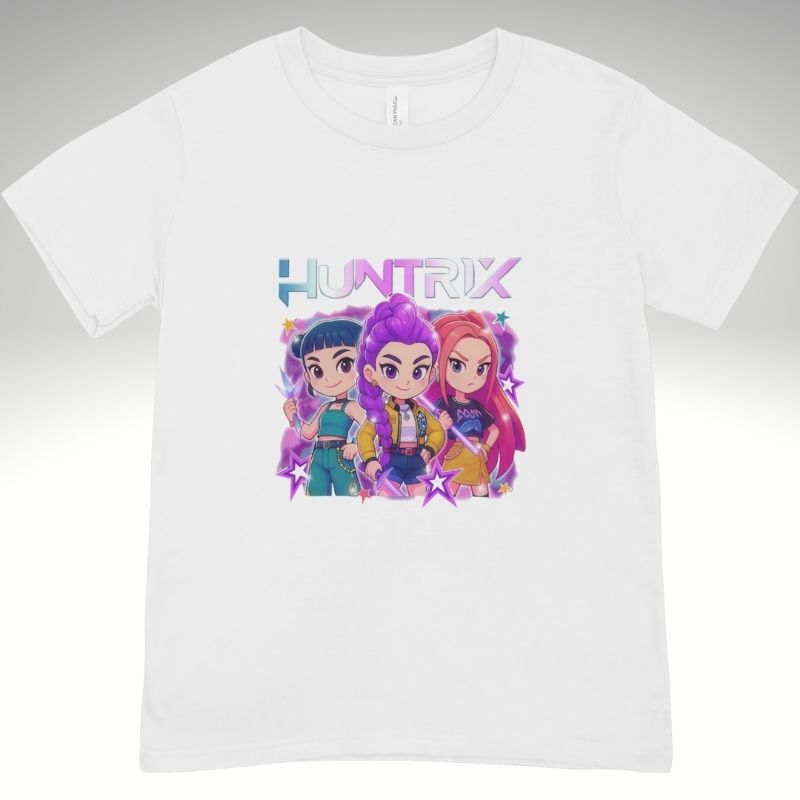 White t-shirt with K pop cartoon characters and 'Huntrix' logo on a Purple background