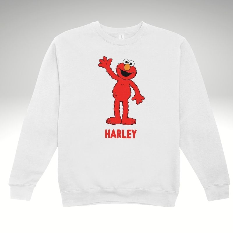 White sweatshirt with a red character design and 'Harley' text on a gray background