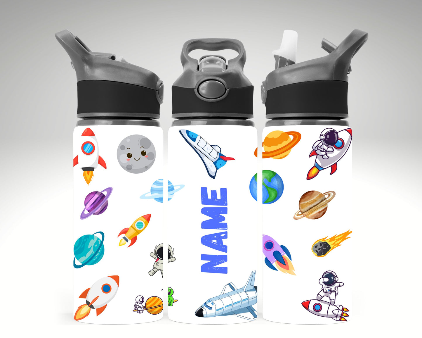Three water bottles with space-themed designs and a name on a gray background