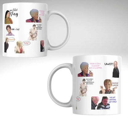 East Enders–Inspired Mug – Classic Soap Drama in a Cup Two white mugs with printed designs featuring people and text on a white background.