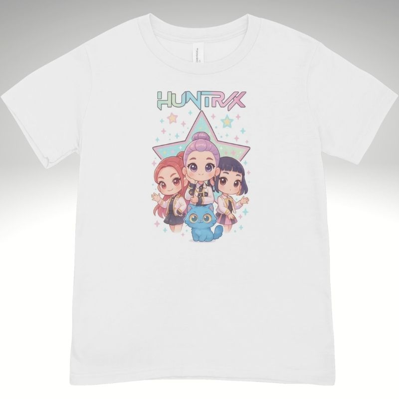 White t-shirt with cartoon characters and 'HUNTRIX' logo on a gray background
