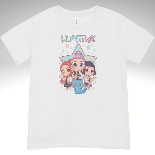 White t-shirt with cartoon characters and 'HUNTRIX' logo on a gray background