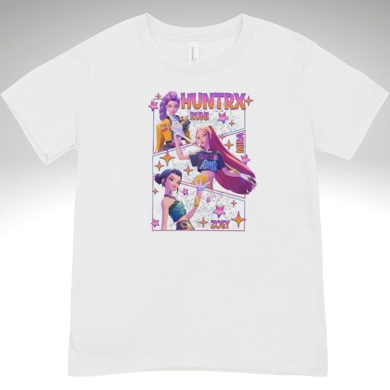 White t-shirt with colorful graphic design featuring animated K Pop Theme characters on a gray background