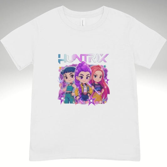 White t-shirt with  K pop cartoon characters and 'Huntrix' logo on a Purple background