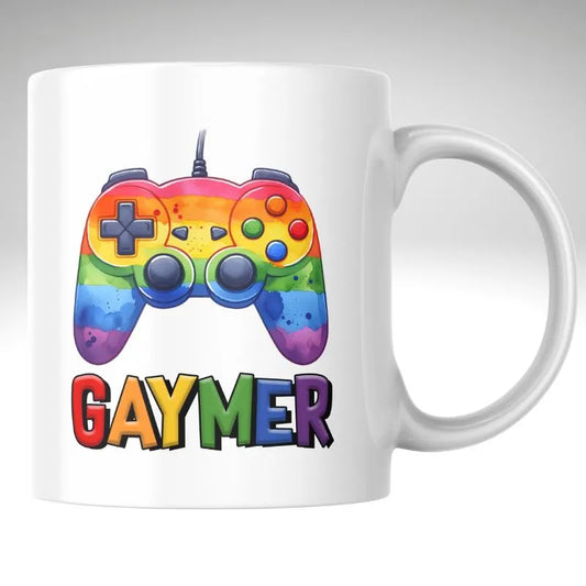 White mug with a rainbow-colored gaming controller and 'GAYMER' text on a white background