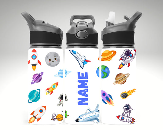 Three water bottles with space-themed designs and a name on a gray background