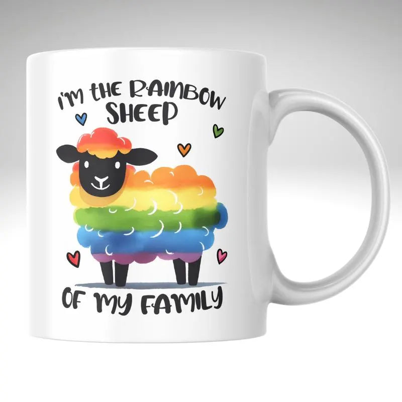 White mug with a colorful sheep design and text on a gray background