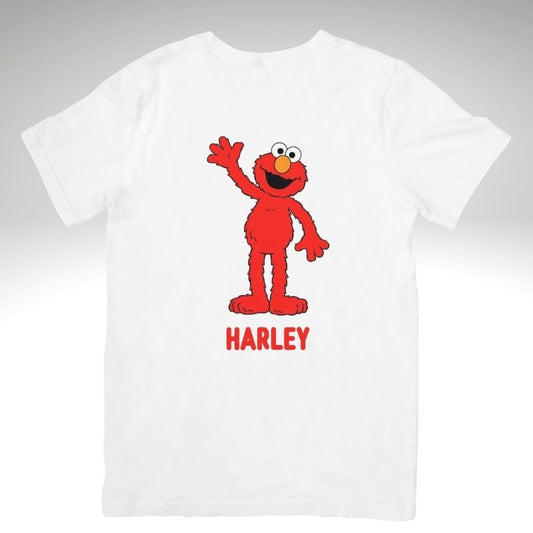 White t-shirt with a red Elmo theme character and 'Personalised' text on a gray background
