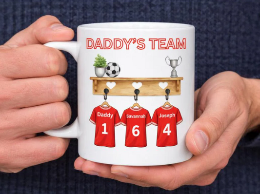 Personalised Daddy's Team Football Mug | Custom Family Names, Numbers