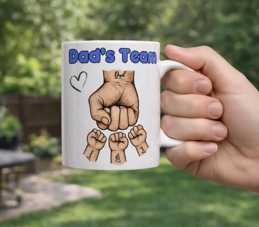Personalised Dad's Team Fist Mug, Custom Family Gift, Kids Names Ceramic Mug