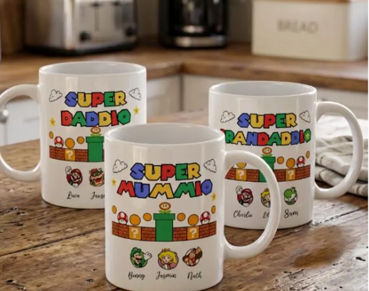 Personalised Super Family Mug – Daddio, Mummio, Grandma, Grandad, Teacher – Custom Name Gift for Mum & Dad