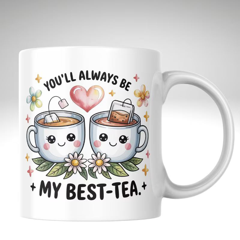 White mug with cartoon tea cups and text 'You'll always be my best-tea' on a white background
