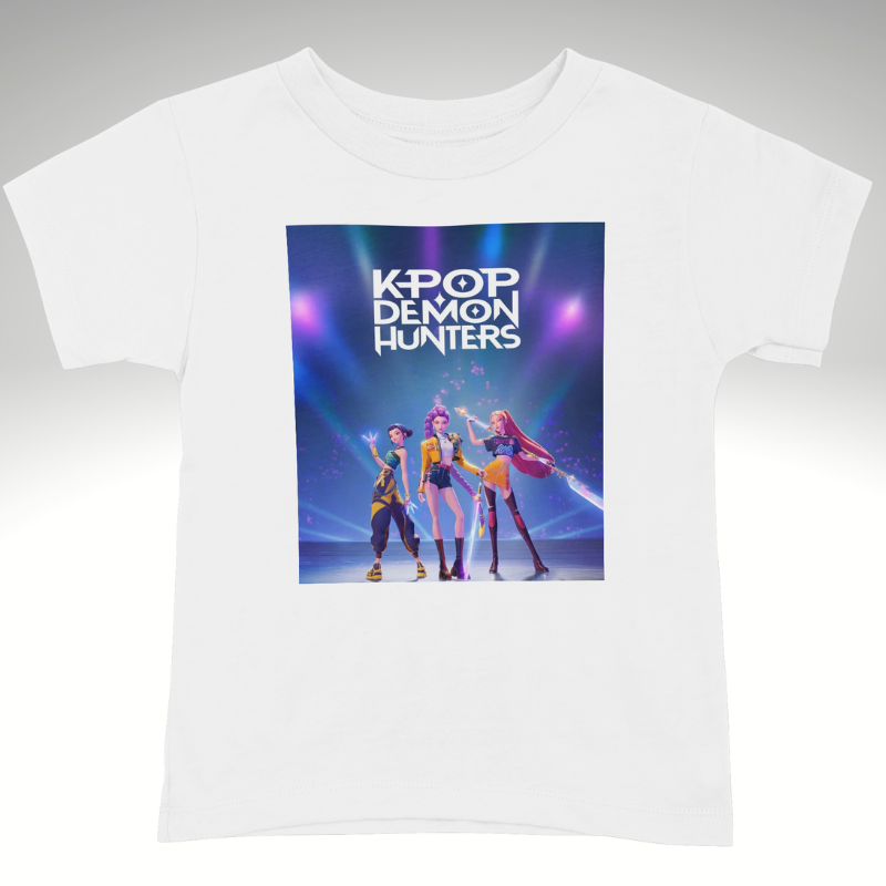 White t-shirt with 'K-Pop Demon Hunters' graphic design on a grey background