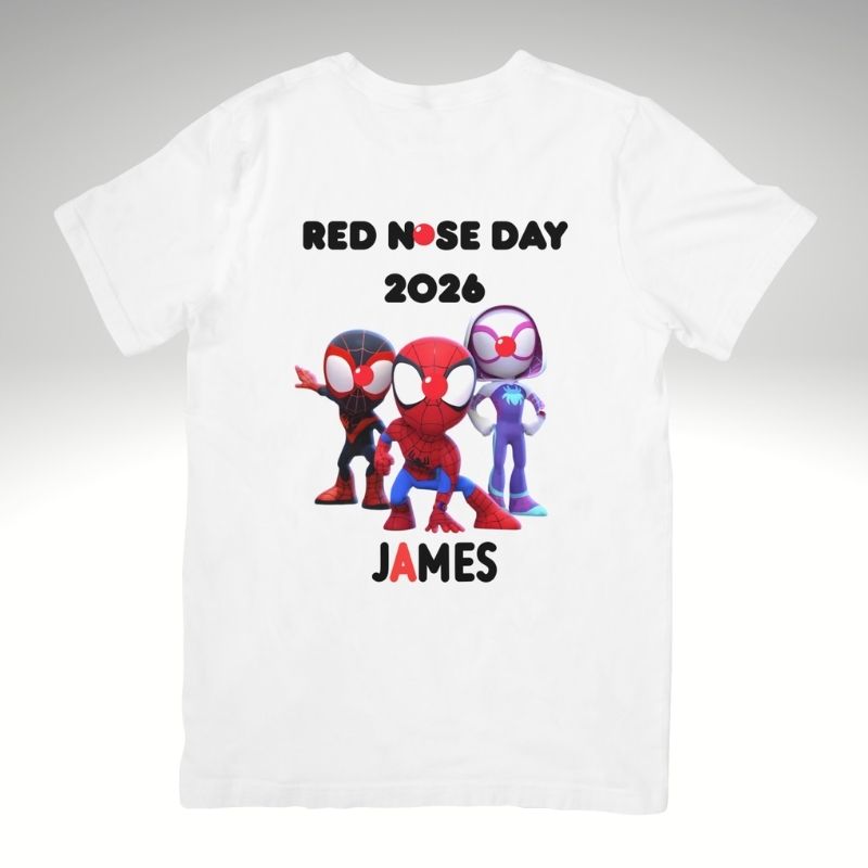 Red Nose Day T-Shirt – Spidey & Friends Inspired, Add Any Name